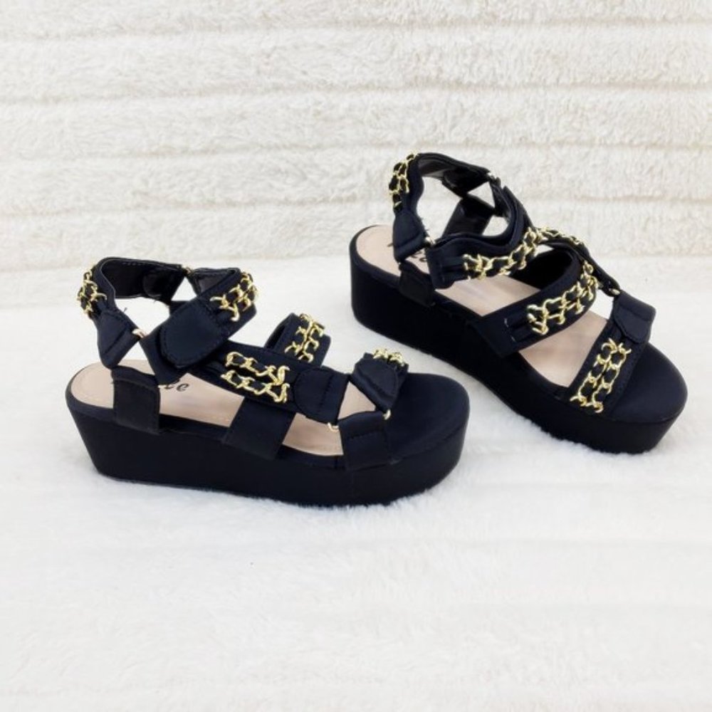 Mia Summer Platform Chain Weave Strap Sandals Black / Gold